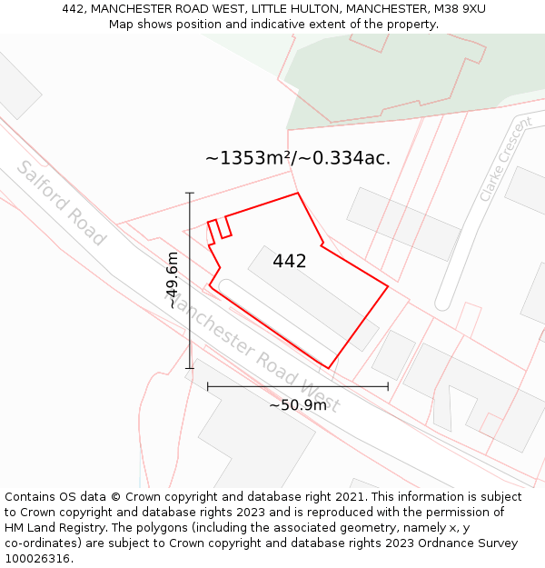 442, MANCHESTER ROAD WEST, LITTLE HULTON, MANCHESTER, M38 9XU: Plot and title map