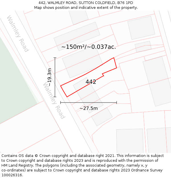 442, WALMLEY ROAD, SUTTON COLDFIELD, B76 1PD: Plot and title map