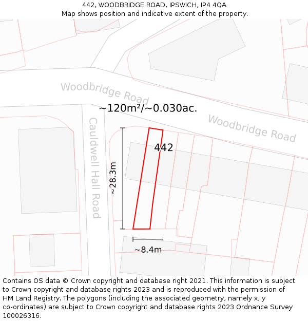 442, WOODBRIDGE ROAD, IPSWICH, IP4 4QA: Plot and title map