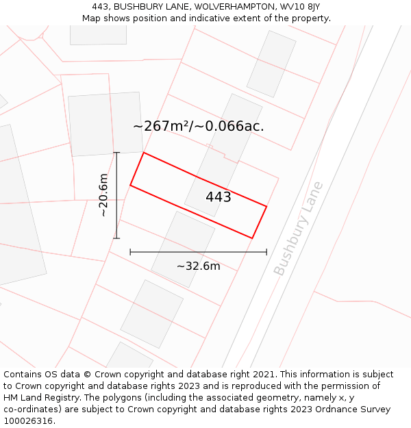 443, BUSHBURY LANE, WOLVERHAMPTON, WV10 8JY: Plot and title map