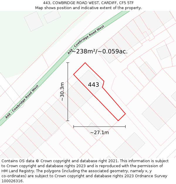 443, COWBRIDGE ROAD WEST, CARDIFF, CF5 5TF: Plot and title map