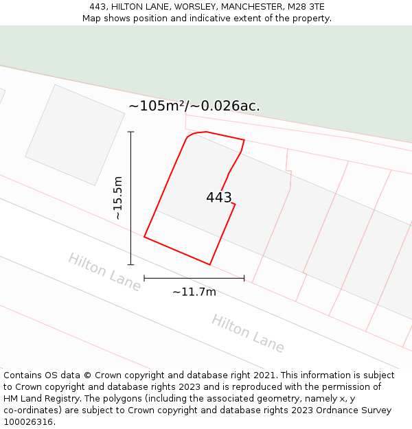 443, HILTON LANE, WORSLEY, MANCHESTER, M28 3TE: Plot and title map