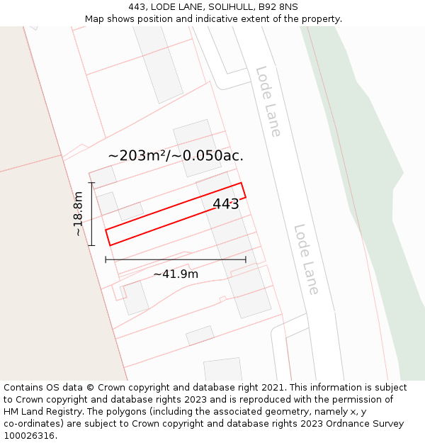443, LODE LANE, SOLIHULL, B92 8NS: Plot and title map