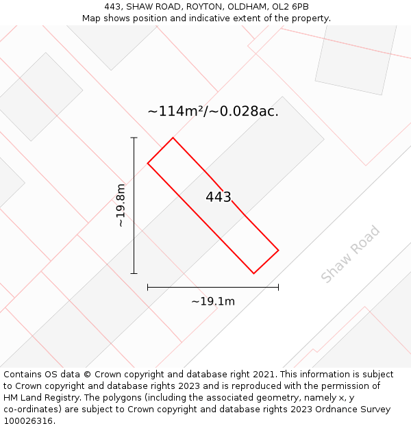 443, SHAW ROAD, ROYTON, OLDHAM, OL2 6PB: Plot and title map
