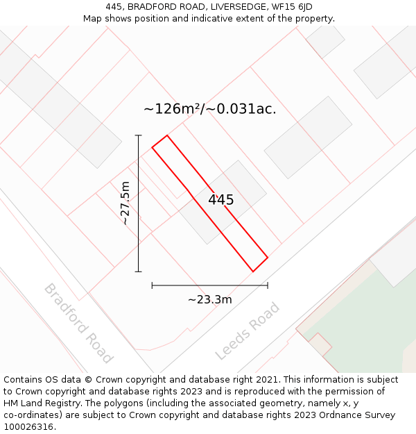 445, BRADFORD ROAD, LIVERSEDGE, WF15 6JD: Plot and title map