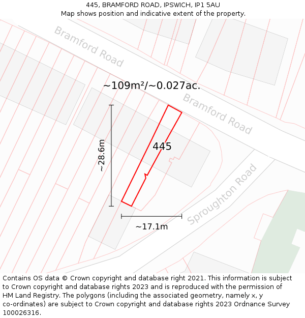 445, BRAMFORD ROAD, IPSWICH, IP1 5AU: Plot and title map
