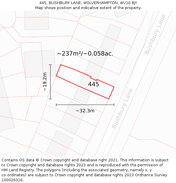 445, BUSHBURY LANE, WOLVERHAMPTON, WV10 8JY: Plot and title map