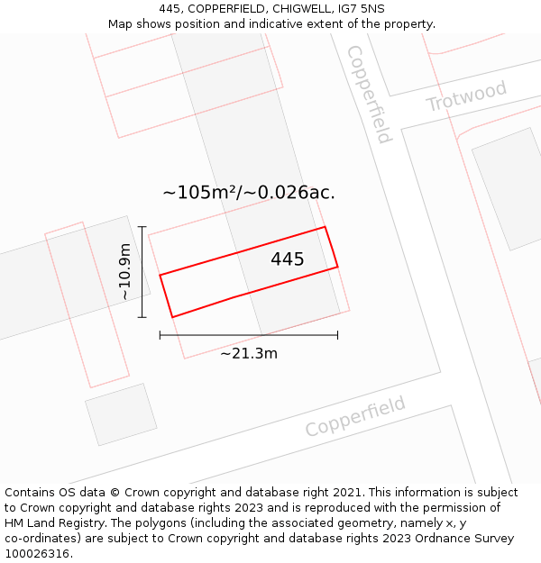 445, COPPERFIELD, CHIGWELL, IG7 5NS: Plot and title map