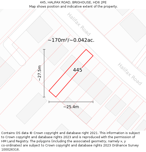 445, HALIFAX ROAD, BRIGHOUSE, HD6 2PE: Plot and title map