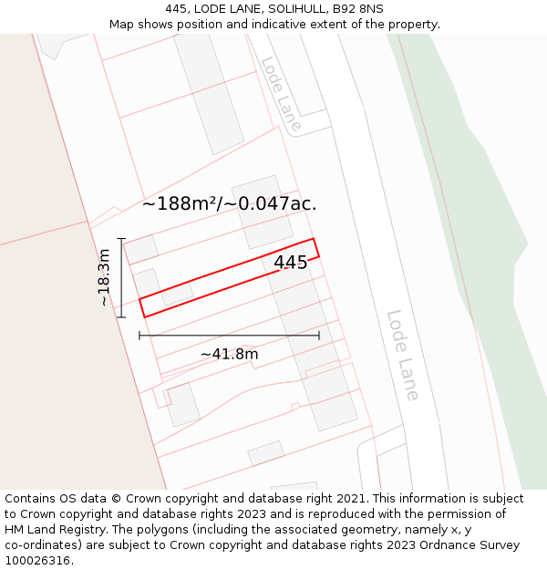 445, LODE LANE, SOLIHULL, B92 8NS: Plot and title map