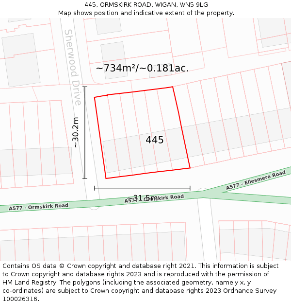 445, ORMSKIRK ROAD, WIGAN, WN5 9LG: Plot and title map
