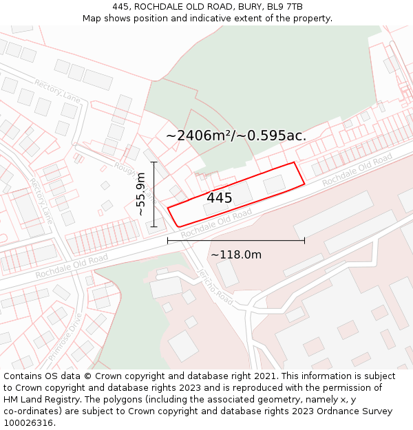 445, ROCHDALE OLD ROAD, BURY, BL9 7TB: Plot and title map