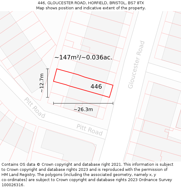 446, GLOUCESTER ROAD, HORFIELD, BRISTOL, BS7 8TX: Plot and title map