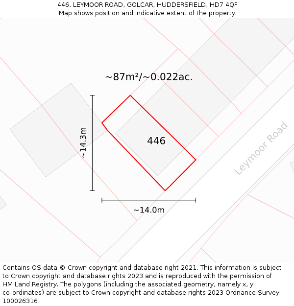 446, LEYMOOR ROAD, GOLCAR, HUDDERSFIELD, HD7 4QF: Plot and title map