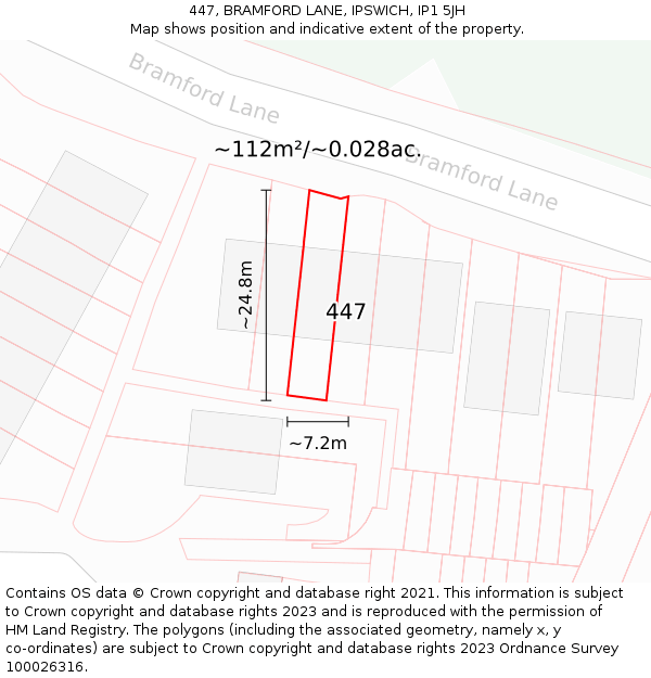 447, BRAMFORD LANE, IPSWICH, IP1 5JH: Plot and title map
