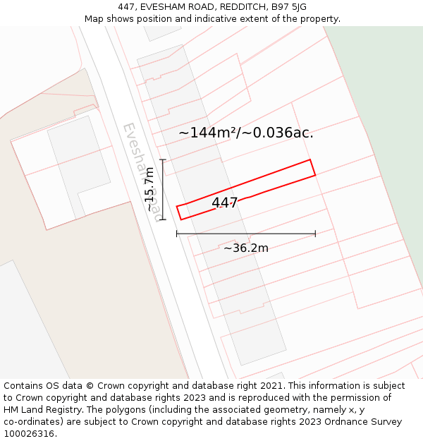 447, EVESHAM ROAD, REDDITCH, B97 5JG: Plot and title map