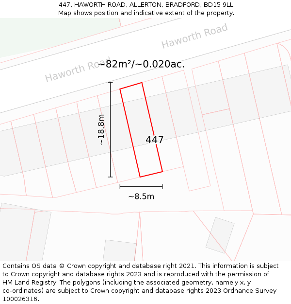 447, HAWORTH ROAD, ALLERTON, BRADFORD, BD15 9LL: Plot and title map