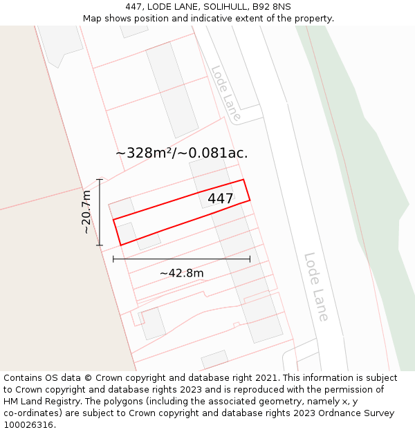 447, LODE LANE, SOLIHULL, B92 8NS: Plot and title map