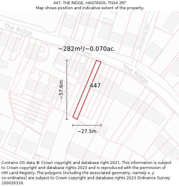 447, THE RIDGE, HASTINGS, TN34 2RT: Plot and title map