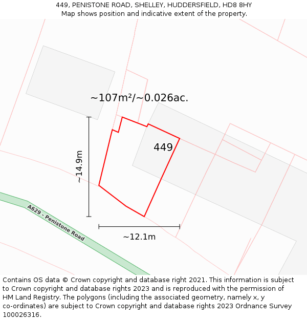 449, PENISTONE ROAD, SHELLEY, HUDDERSFIELD, HD8 8HY: Plot and title map