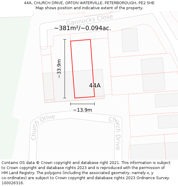 44A, CHURCH DRIVE, ORTON WATERVILLE, PETERBOROUGH, PE2 5HE: Plot and title map