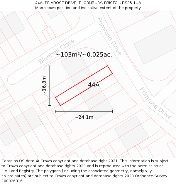 44A, PRIMROSE DRIVE, THORNBURY, BRISTOL, BS35 1UA: Plot and title map