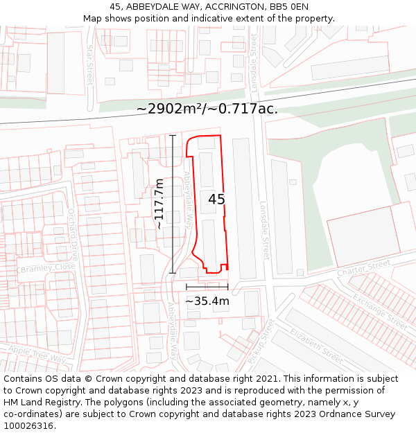 45, ABBEYDALE WAY, ACCRINGTON, BB5 0EN: Plot and title map