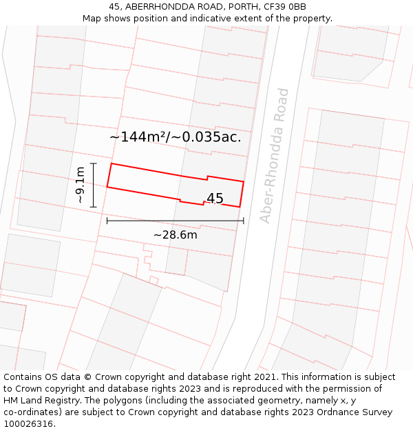 45, ABERRHONDDA ROAD, PORTH, CF39 0BB: Plot and title map