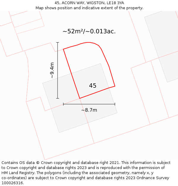 45, ACORN WAY, WIGSTON, LE18 3YA: Plot and title map