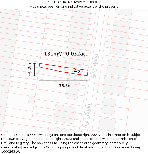 45, ALAN ROAD, IPSWICH, IP3 8EY: Plot and title map