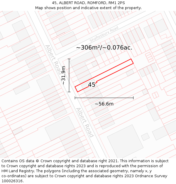 45, ALBERT ROAD, ROMFORD, RM1 2PS: Plot and title map