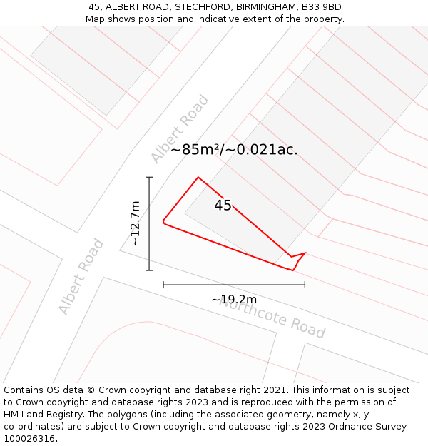 45, ALBERT ROAD, STECHFORD, BIRMINGHAM, B33 9BD: Plot and title map
