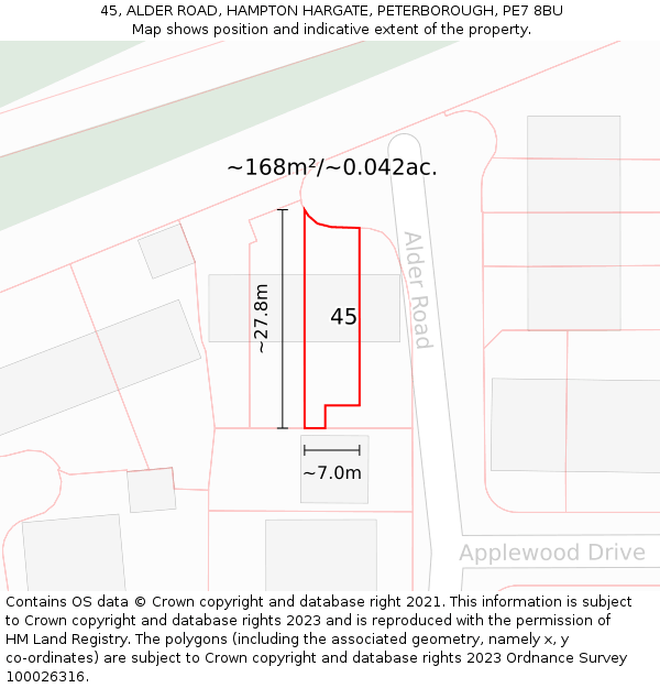 45, ALDER ROAD, HAMPTON HARGATE, PETERBOROUGH, PE7 8BU: Plot and title map