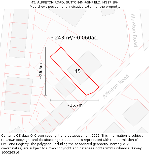 45, ALFRETON ROAD, SUTTON-IN-ASHFIELD, NG17 1FH: Plot and title map