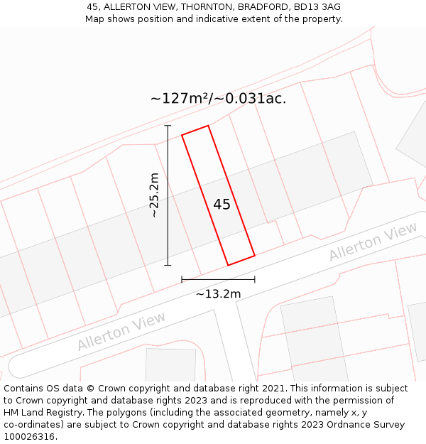 45, ALLERTON VIEW, THORNTON, BRADFORD, BD13 3AG: Plot and title map