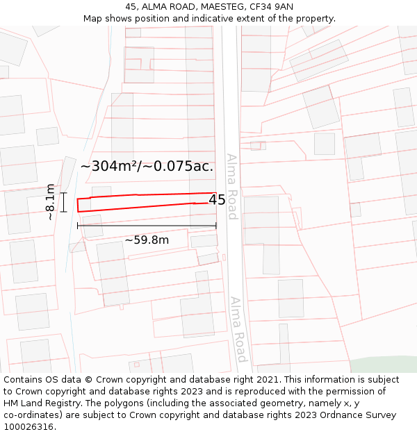 45, ALMA ROAD, MAESTEG, CF34 9AN: Plot and title map