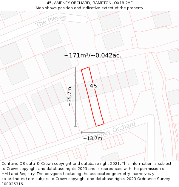 45, AMPNEY ORCHARD, BAMPTON, OX18 2AE: Plot and title map