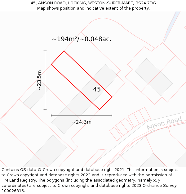 45, ANSON ROAD, LOCKING, WESTON-SUPER-MARE, BS24 7DG: Plot and title map