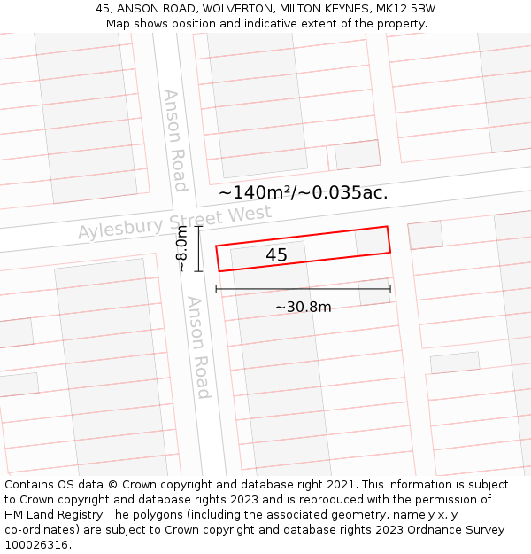 45, ANSON ROAD, WOLVERTON, MILTON KEYNES, MK12 5BW: Plot and title map