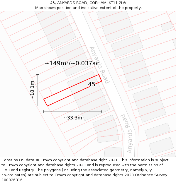 45, ANYARDS ROAD, COBHAM, KT11 2LW: Plot and title map