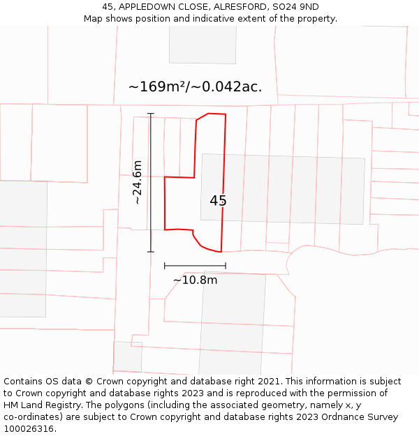 45, APPLEDOWN CLOSE, ALRESFORD, SO24 9ND: Plot and title map