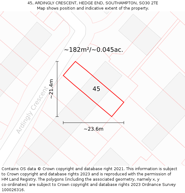 45, ARDINGLY CRESCENT, HEDGE END, SOUTHAMPTON, SO30 2TE: Plot and title map
