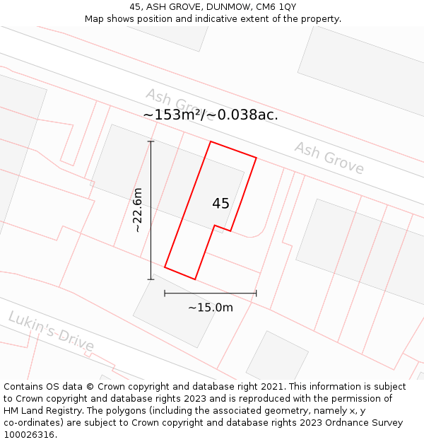 45, ASH GROVE, DUNMOW, CM6 1QY: Plot and title map