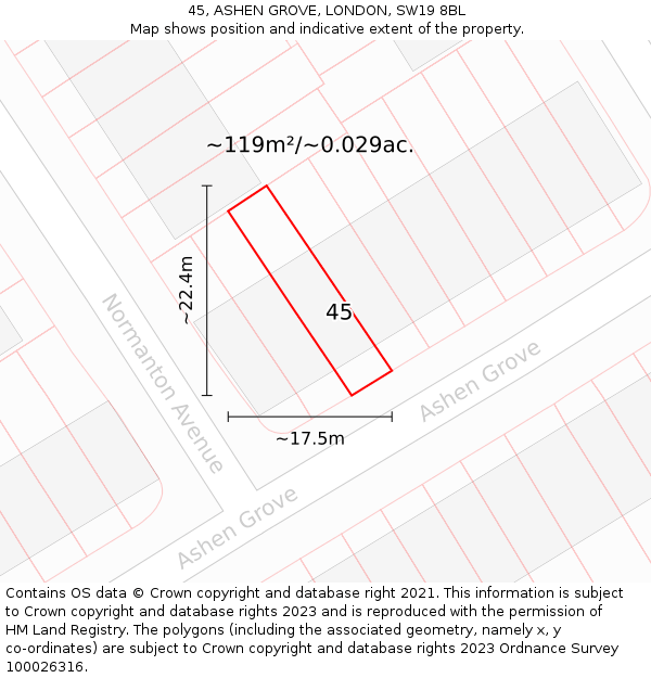 45, ASHEN GROVE, LONDON, SW19 8BL: Plot and title map
