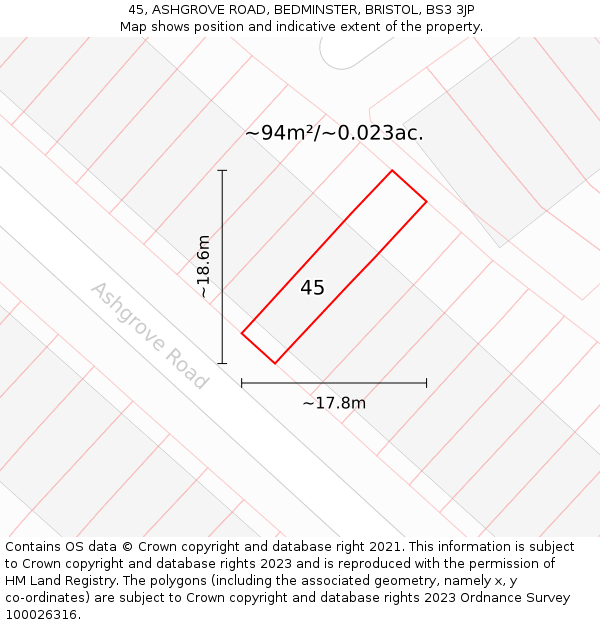 45, ASHGROVE ROAD, BEDMINSTER, BRISTOL, BS3 3JP: Plot and title map