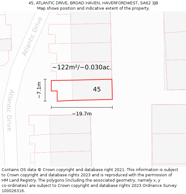 45, ATLANTIC DRIVE, BROAD HAVEN, HAVERFORDWEST, SA62 3JB: Plot and title map
