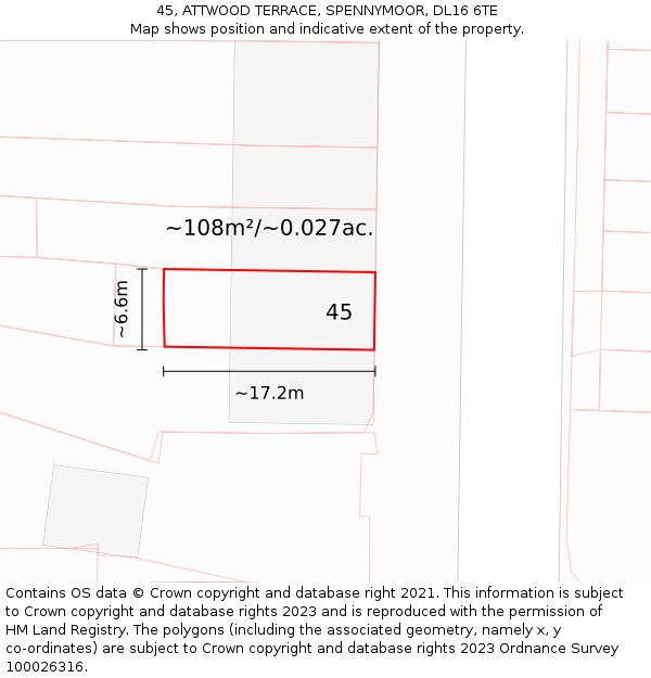 45, ATTWOOD TERRACE, SPENNYMOOR, DL16 6TE: Plot and title map