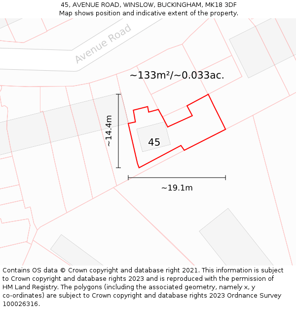 45, AVENUE ROAD, WINSLOW, BUCKINGHAM, MK18 3DF: Plot and title map