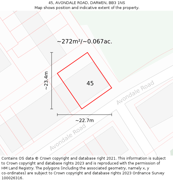 45, AVONDALE ROAD, DARWEN, BB3 1NS: Plot and title map