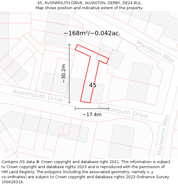 45, AVONMOUTH DRIVE, ALVASTON, DERBY, DE24 8UL: Plot and title map
